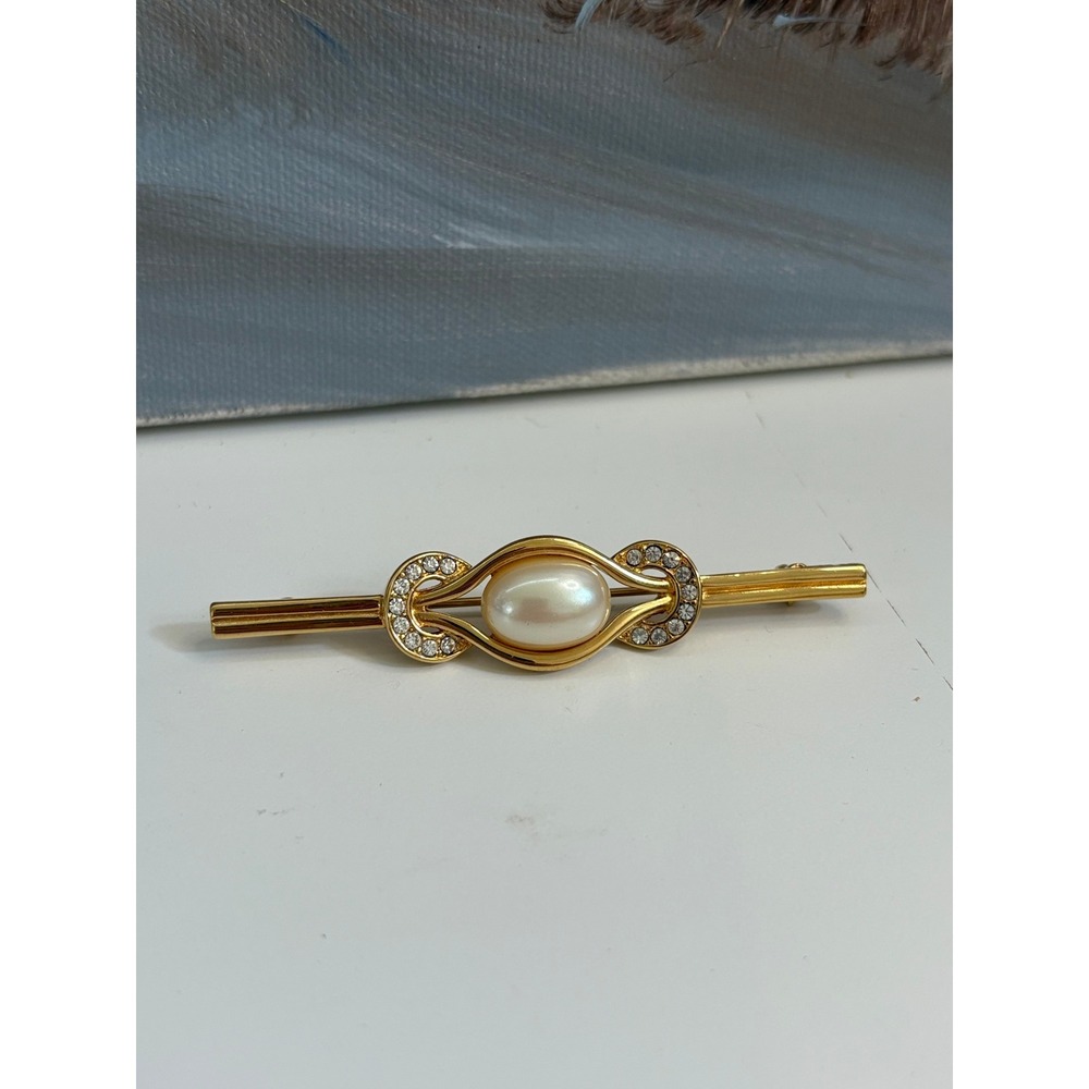 Monet Vintage Gold Tone Faux Pearl Rhinestone Bar Brooch Pin Scroll Design